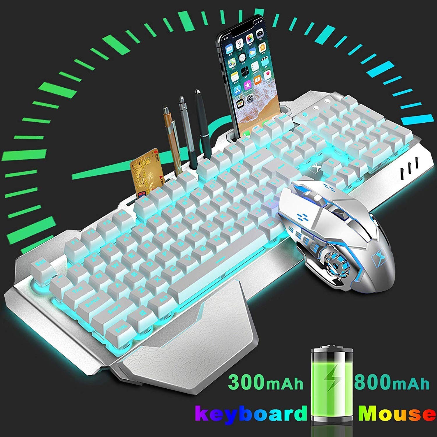 Wireless Keyboard and Mouse, Blue LED Backlit Rechargeable Keyboard with 3800...