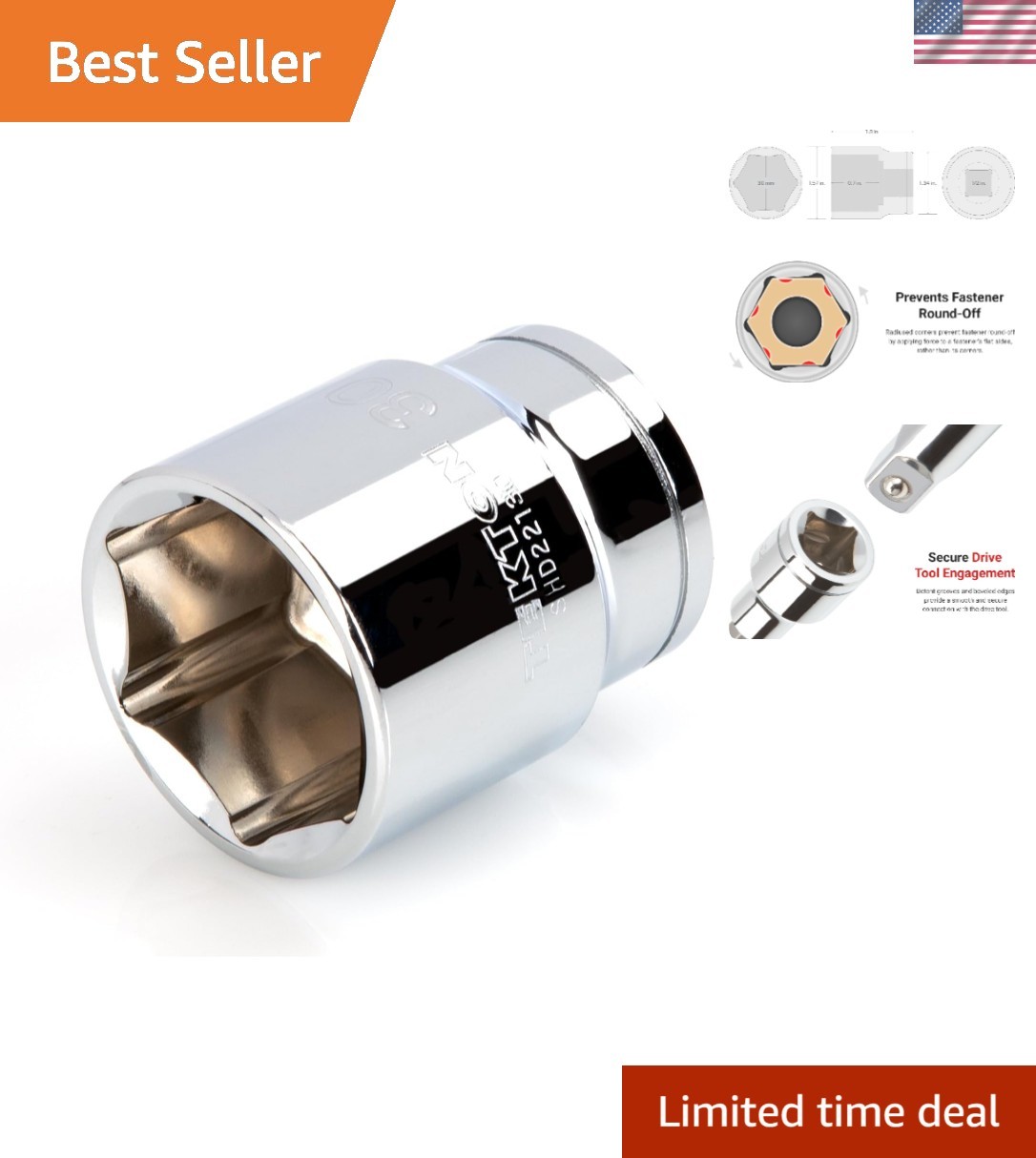 30 mm Shallow 6-Point Socket with Chrome Finish for Durability