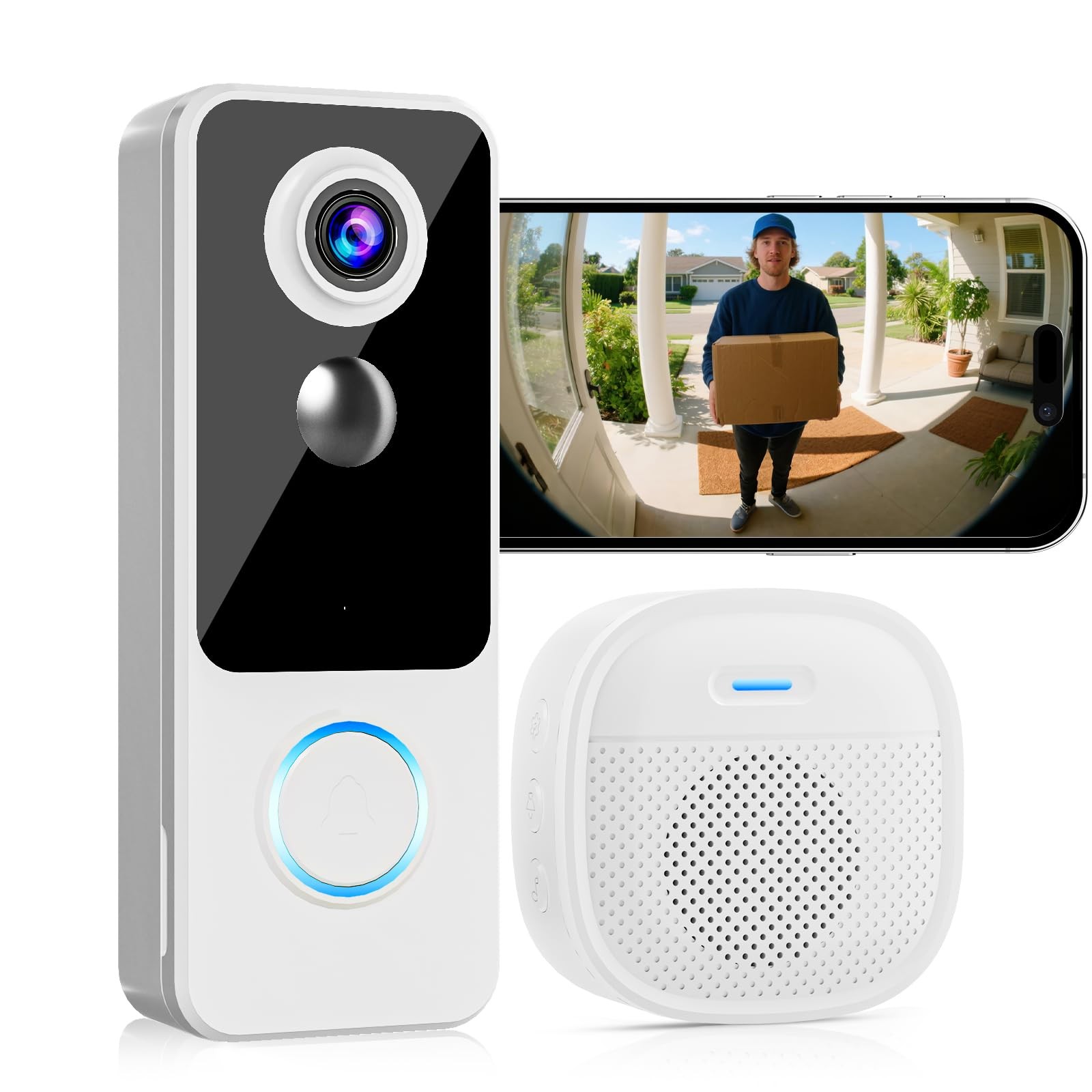 Wireless Doorbell Camera 2K HD Video Smart WiFi Motion Detection Two Way Audio