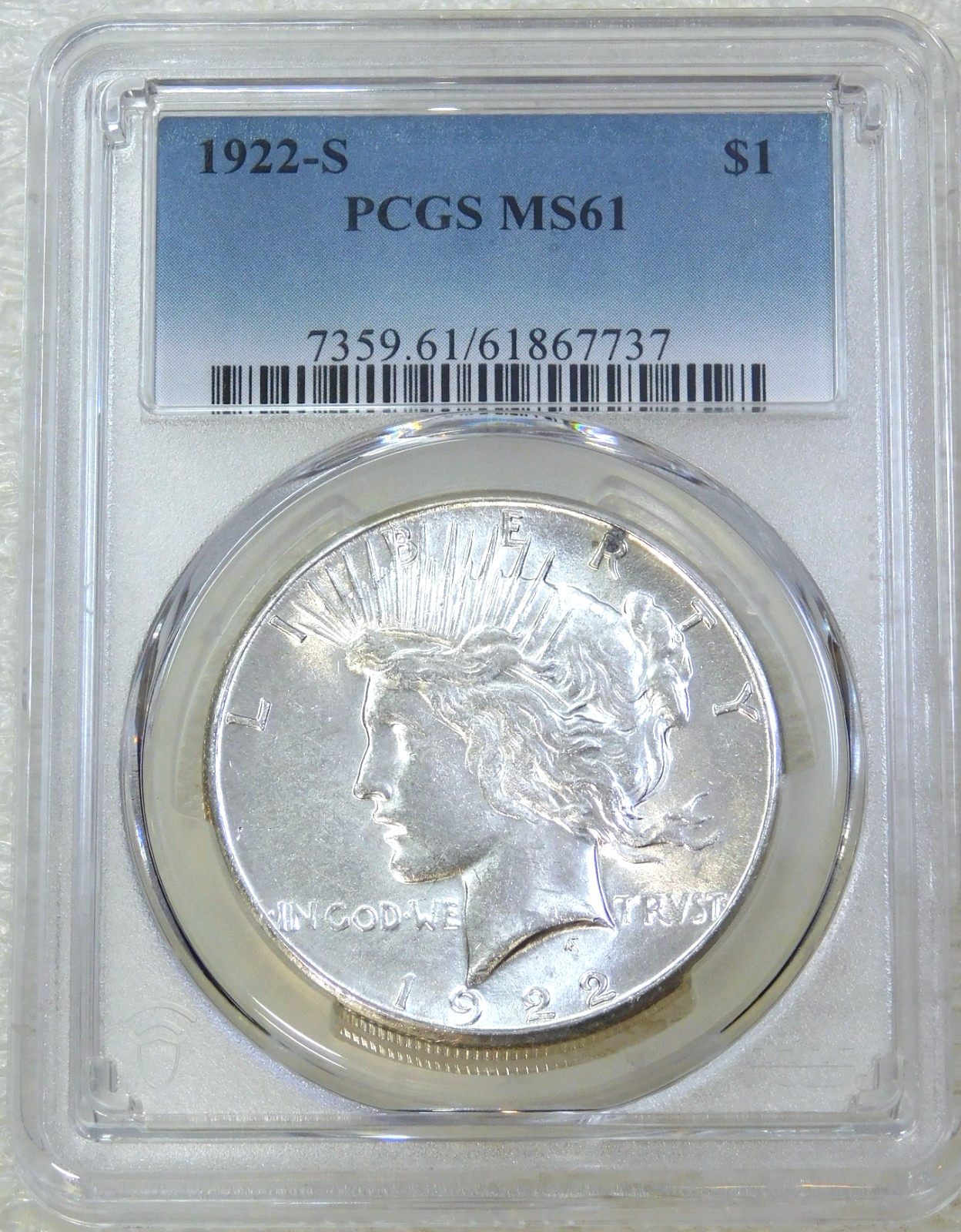 1922-S Peace Silver Dollar PCGS MS61 Frosty White PQ New Holder #B341G