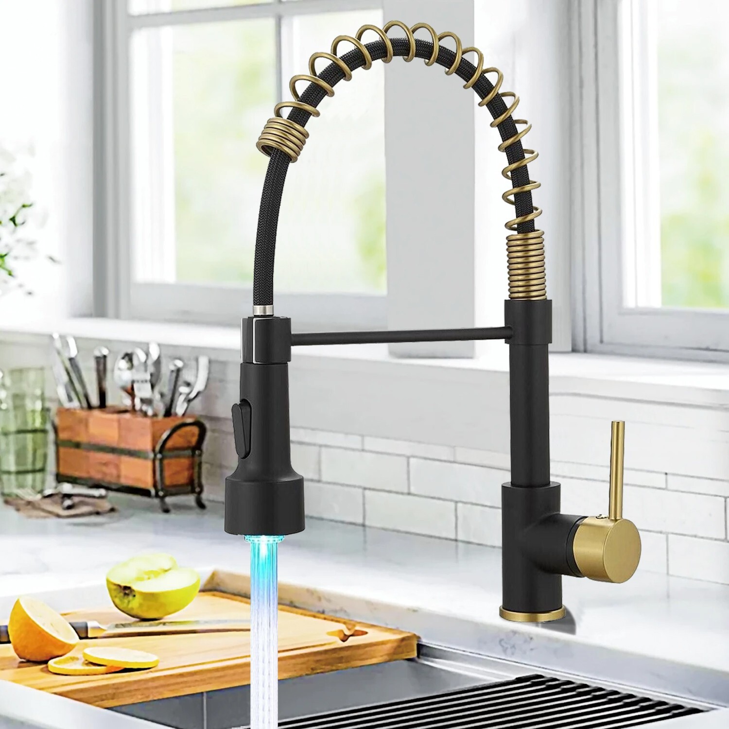 Black Gold LED Kitchen Faucet with Pull Down Sprayer Single Hole for Bar Sink Rv