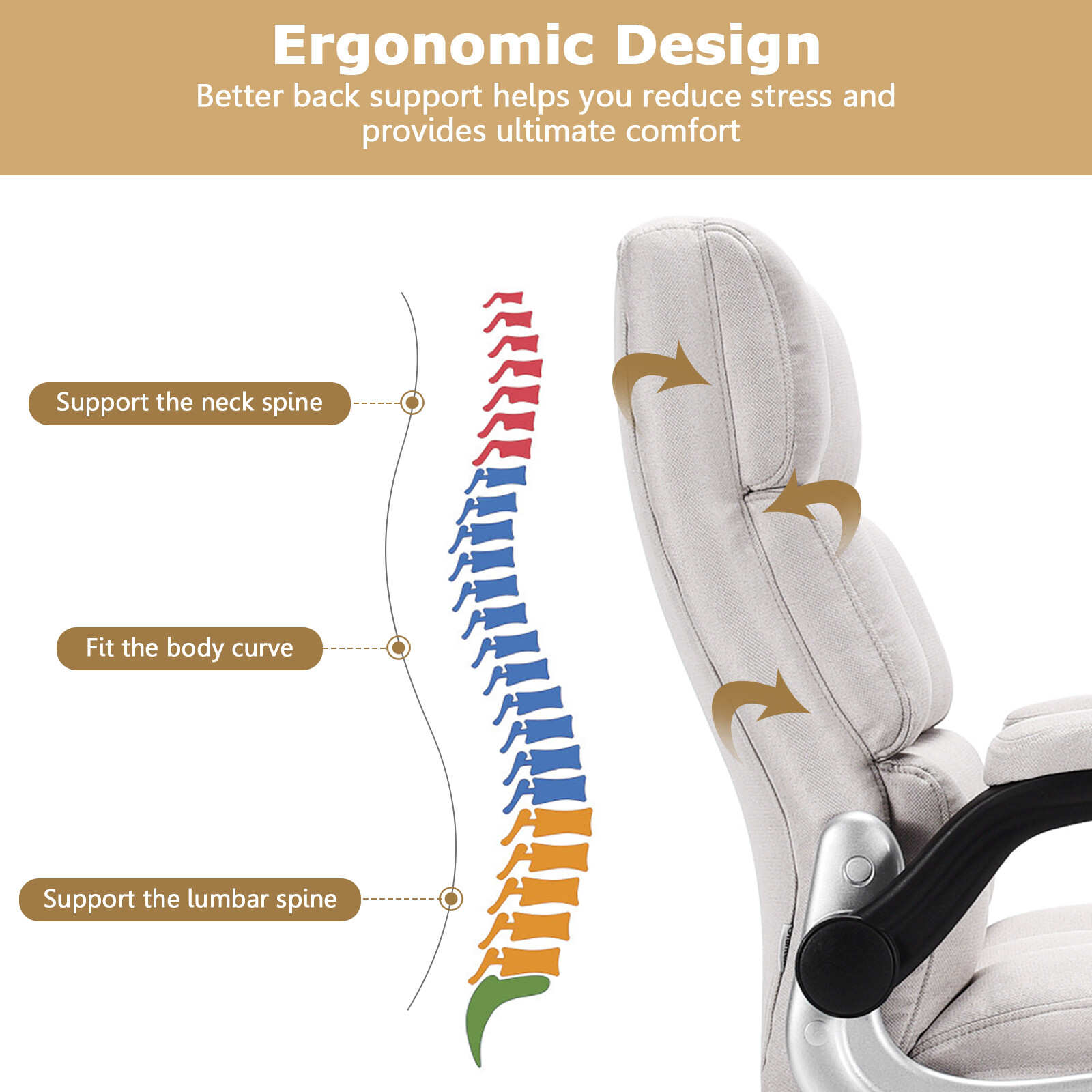 Costway High Back Big & Tall Office Chair Adjustable Swivel w/Flip-up Arm Beige