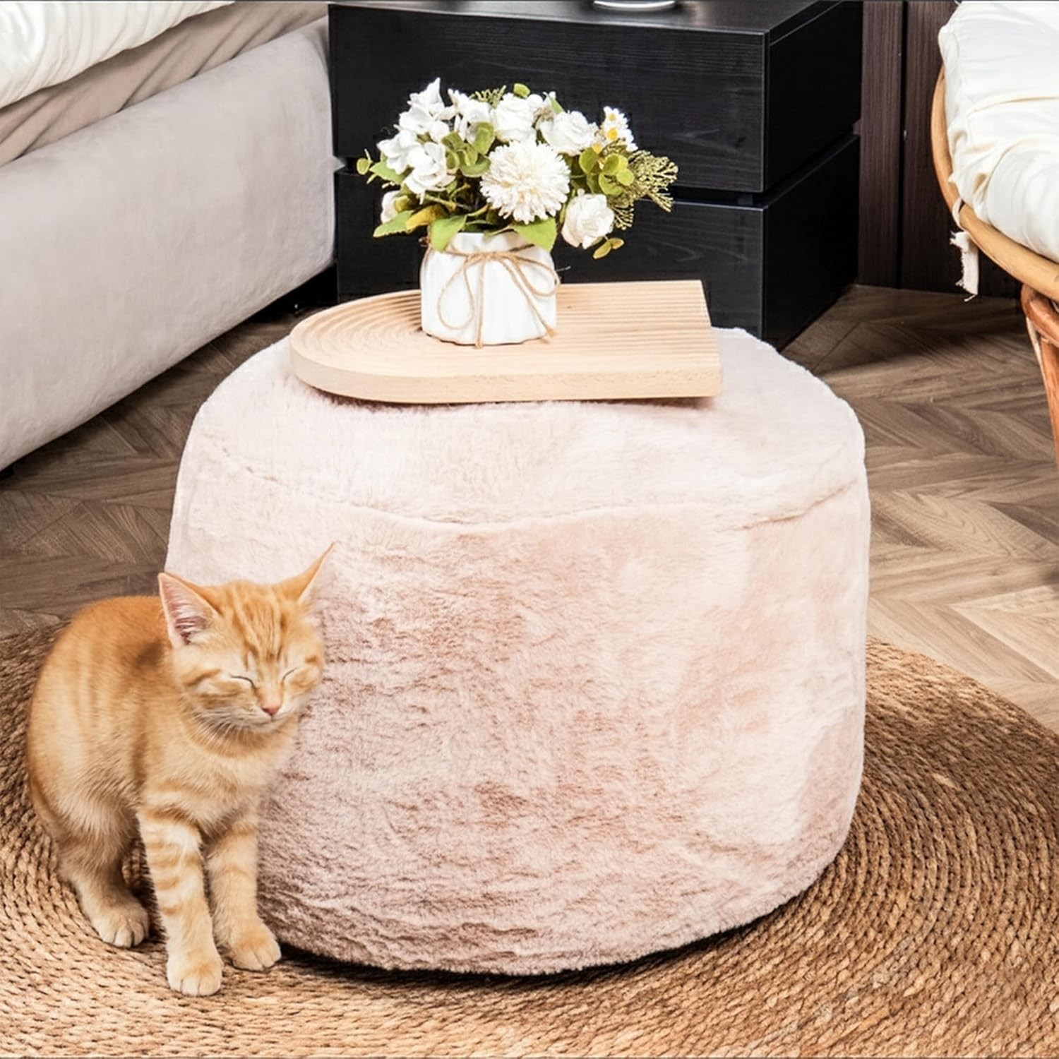 Cozy Plush Beige Pouf Living Room Ottoman Footrest at 20 x 15 Inches Soft