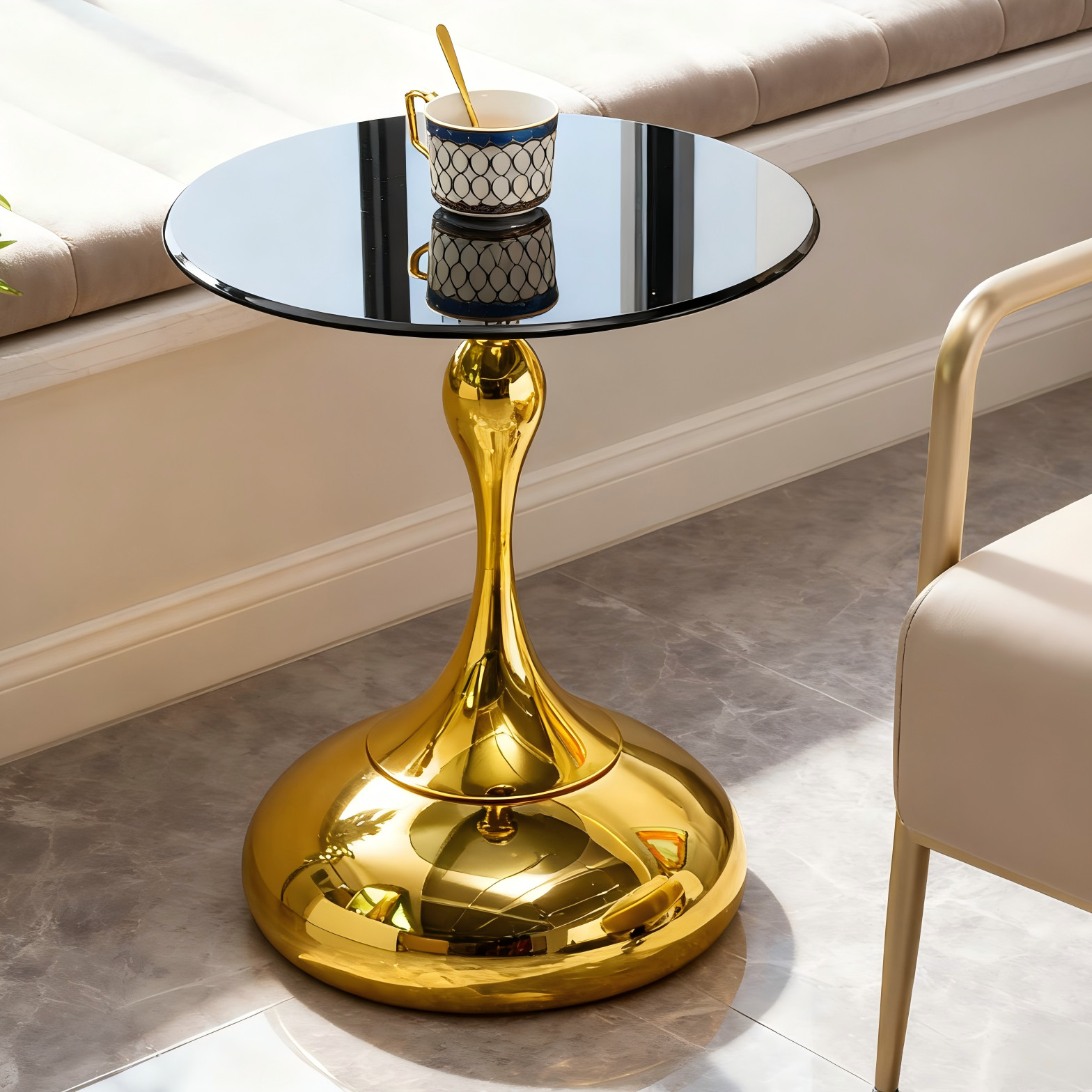 Round Side Sofa Table Gold Circle Small End Table with Glass Top and Steel Base