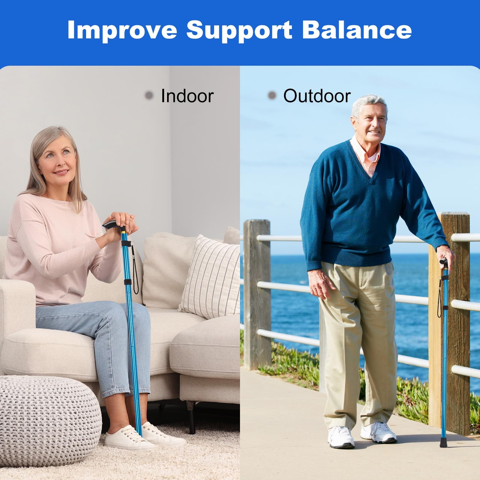 MFE Folding Cane, Portable 5-Level Adjustable Height Walking Stick with Blue