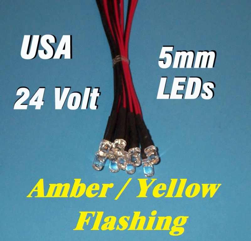 10 FLASHING LEDS 5mm PRE WIRED 24 VOLT YELLOW BLINK 24V PREWIRED BLINKING