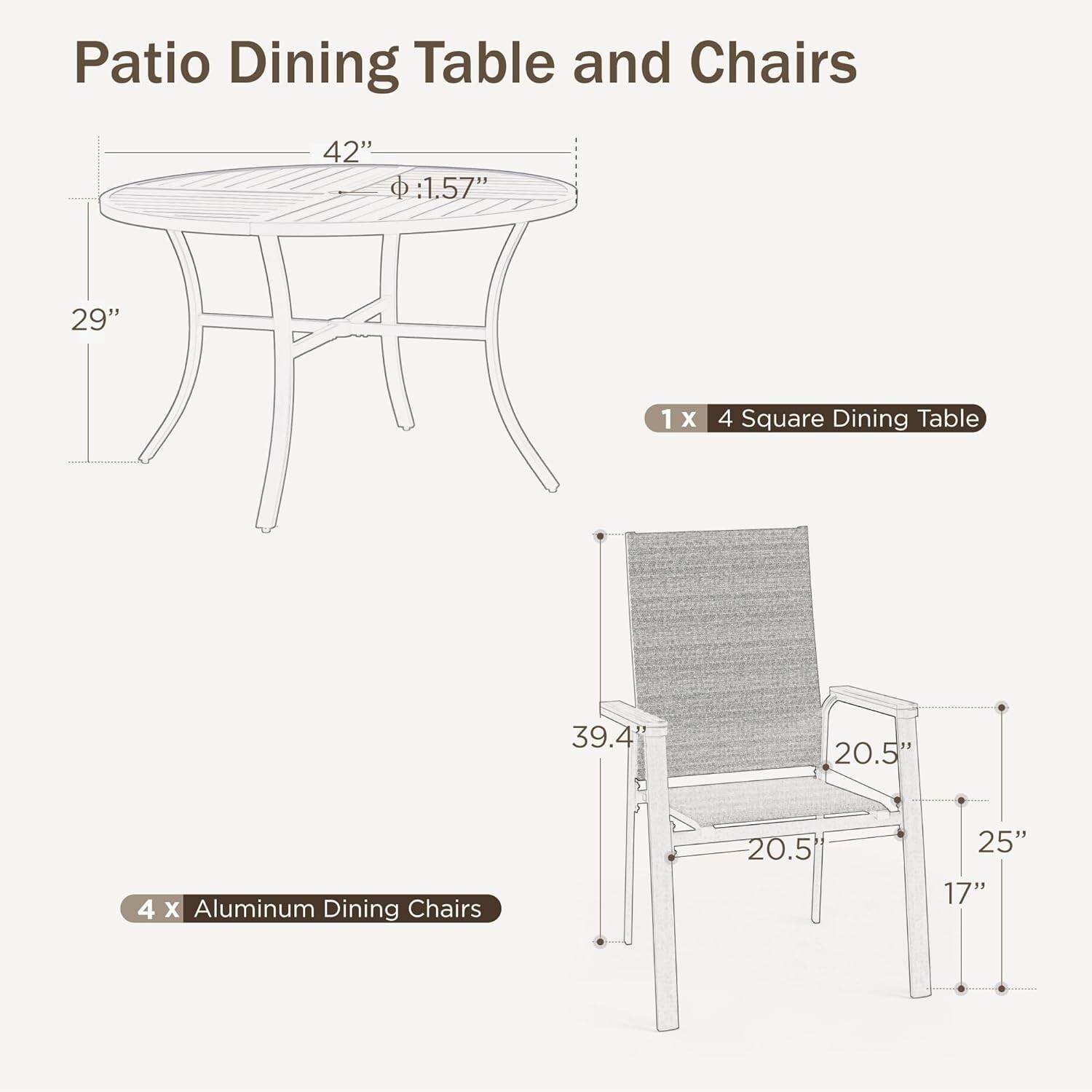 5 Pcs Outdoor Dining Set Patio Furniture Set Aluminum Lightweight Chairs & Table