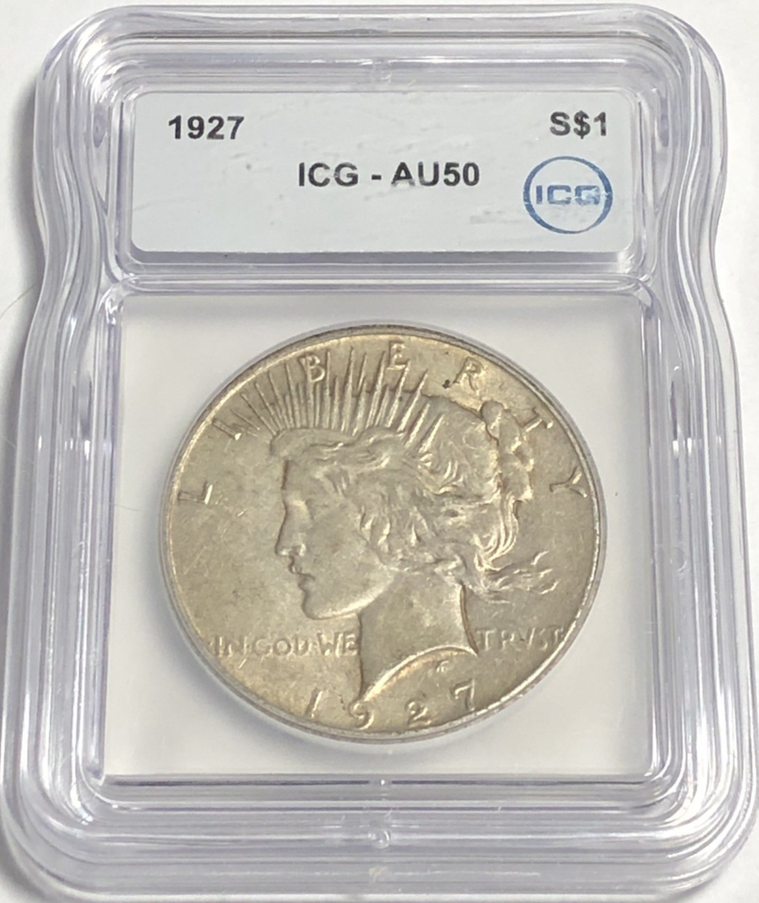 1927 Peace "ICG AU50"💰🔥SOME TONING OBV/REV/ LOW MINT 848,000/ NICE PATINA🌈💥✅