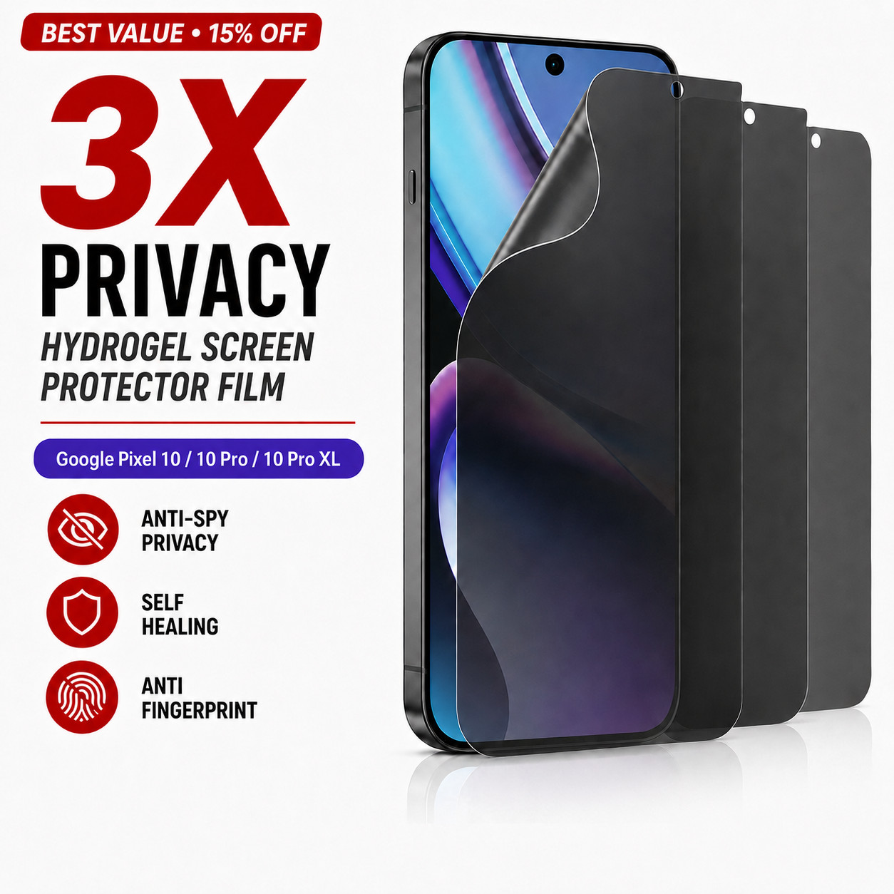 Google Pixel 10 / 10 Pro XL Hydrogel Screen Protector 3 Pack Privacy Anti-SPY