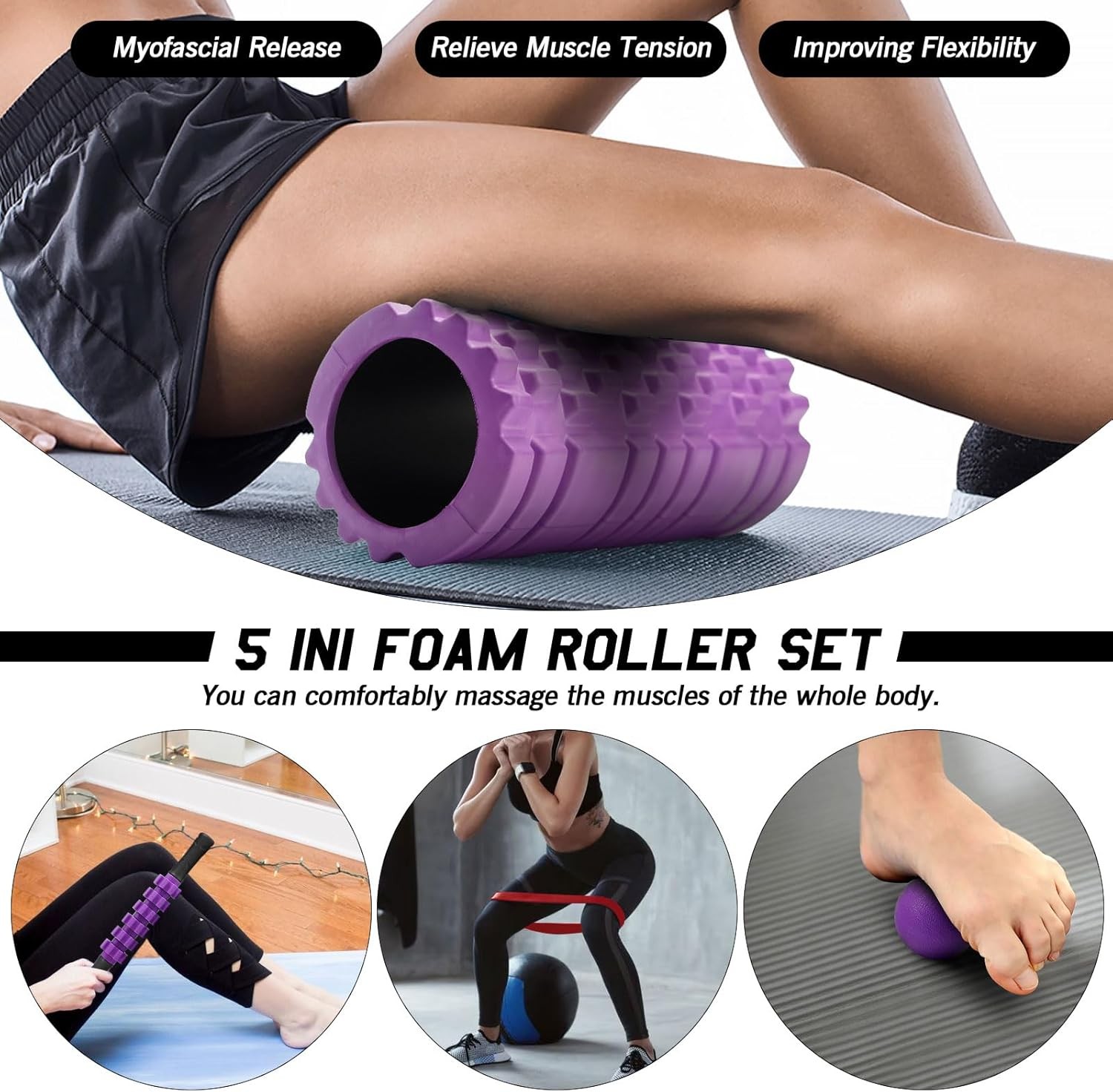 5 in 1 Foam Roller Set, Trigger Point Foam Roller Patented, Massage Roller Stick