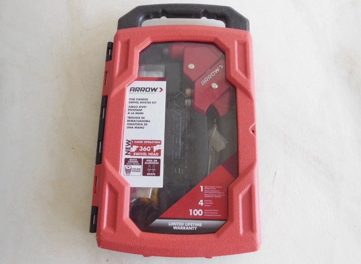 Arrow One Handed Swivel Riveter Kit Red w/ Drill Bits & Assorted Rivets