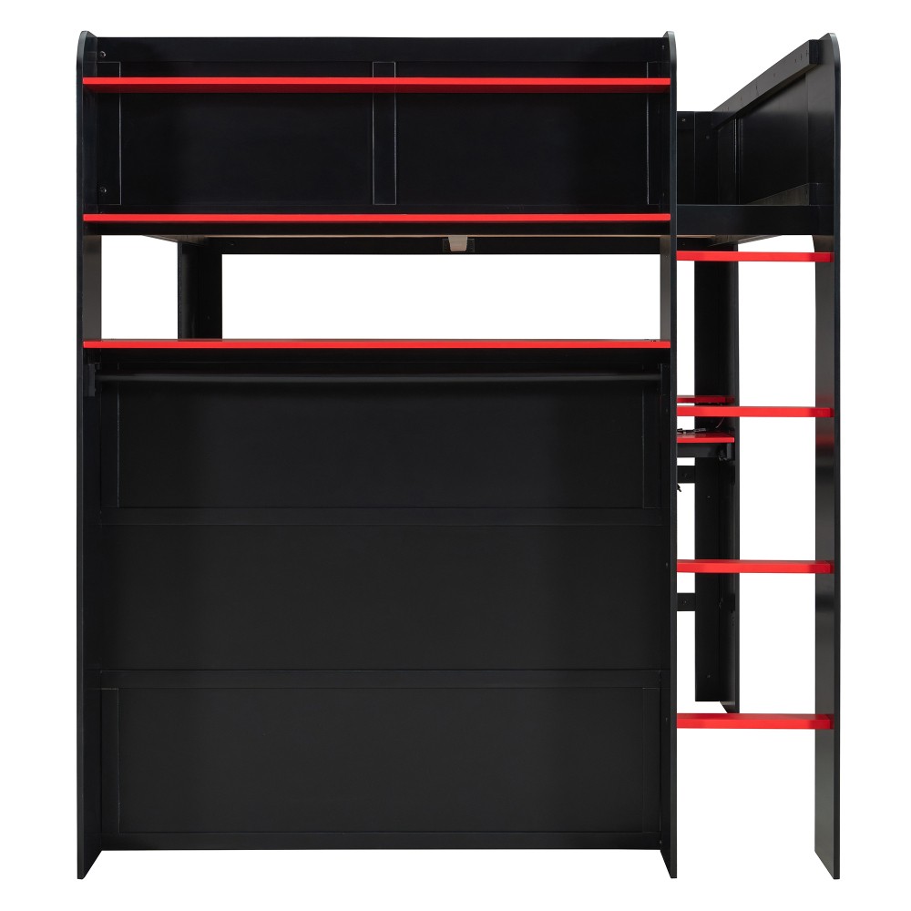 Full Size Bunk Bed with Desk, RGB Lights, Wardrobe, Storage for Gaming Setup