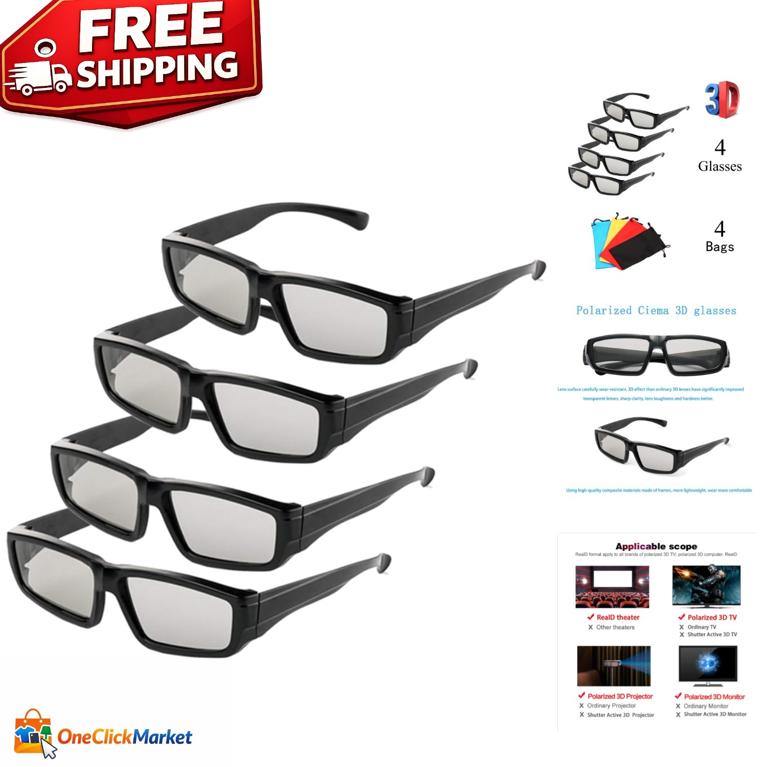 4 Pairs Active-Compatible Cinema 3D Glasses - Essential for Family Movie Nights