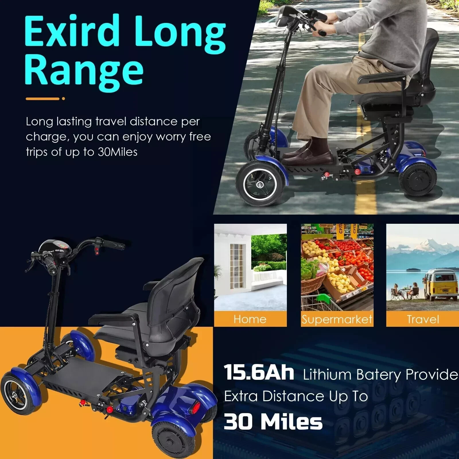 Foldable 4 Wheel Mobility Scooter Folding Drive Device for Seniors Adults 500W