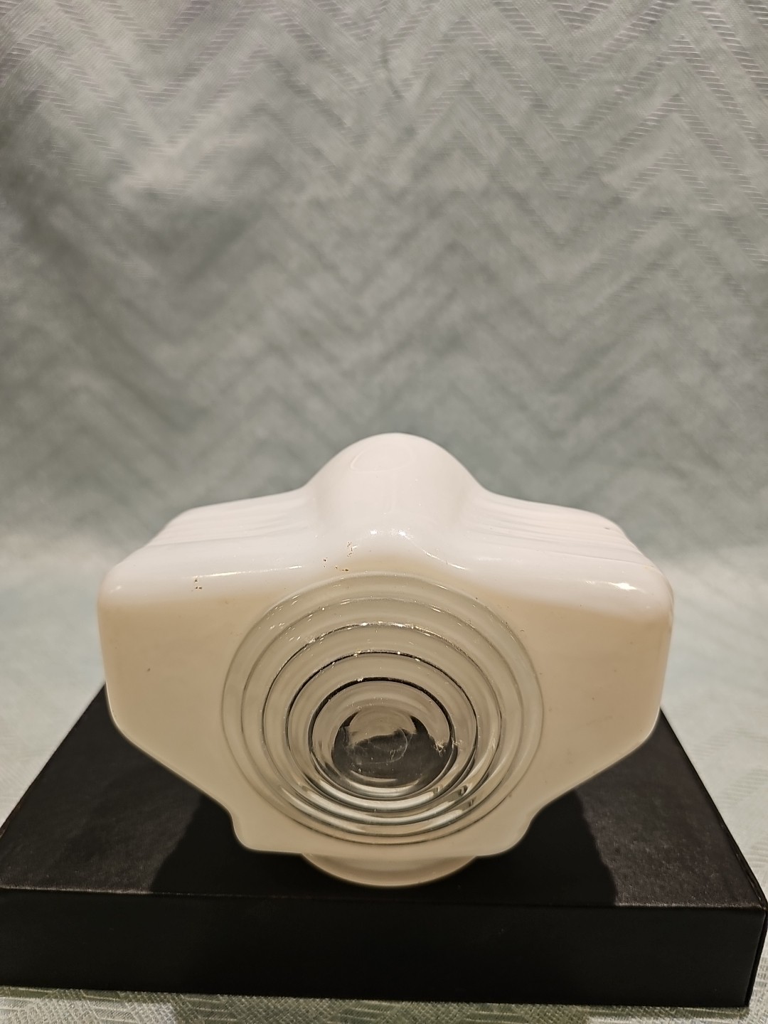 Vintage MCM Art Deco Milk Glass Clear Flush Mount Light Fixture Ribbed Bullseye