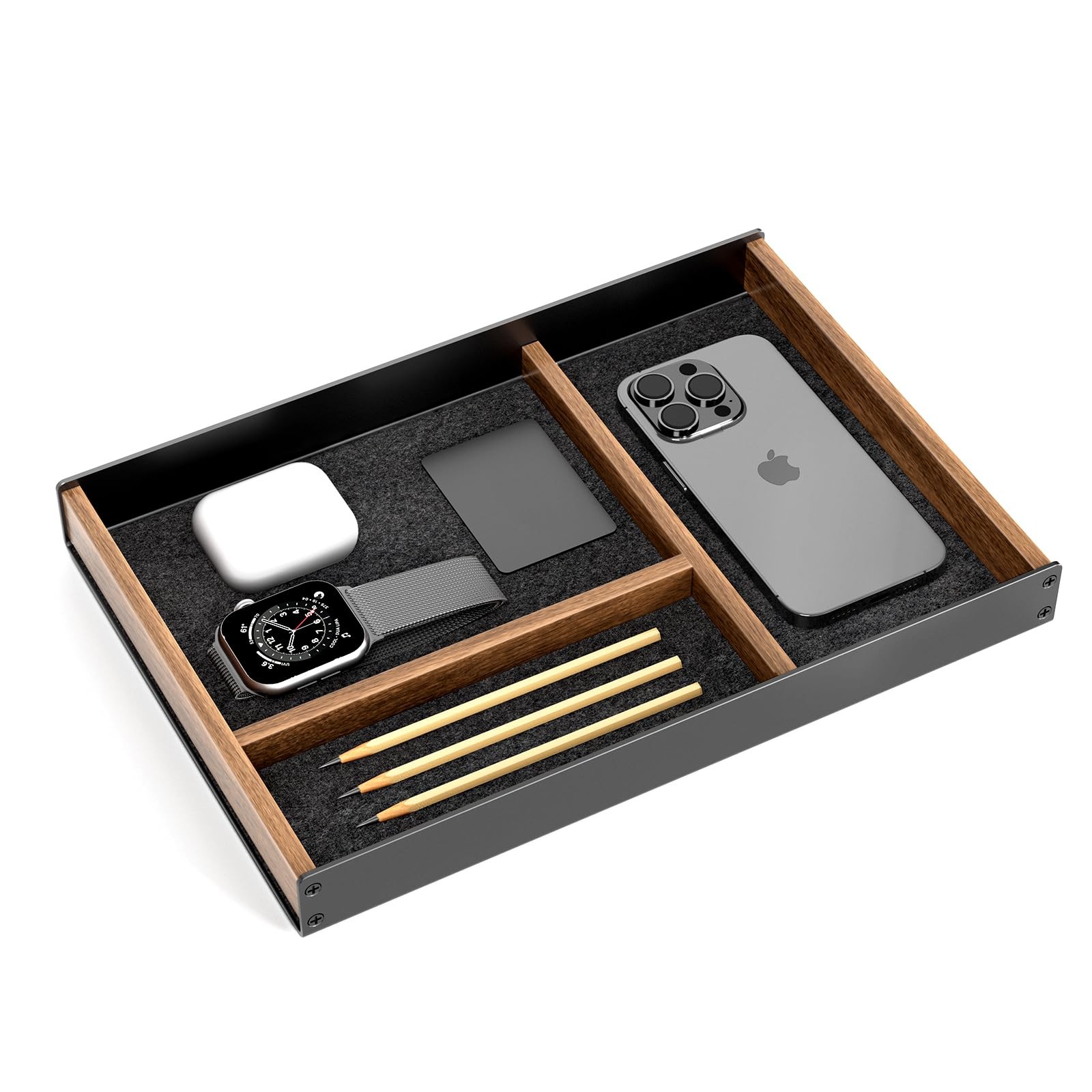 Desk Drawer Organizer, Mens Valet Tray, Aluminum, Walnut, Aesthetic Accessory