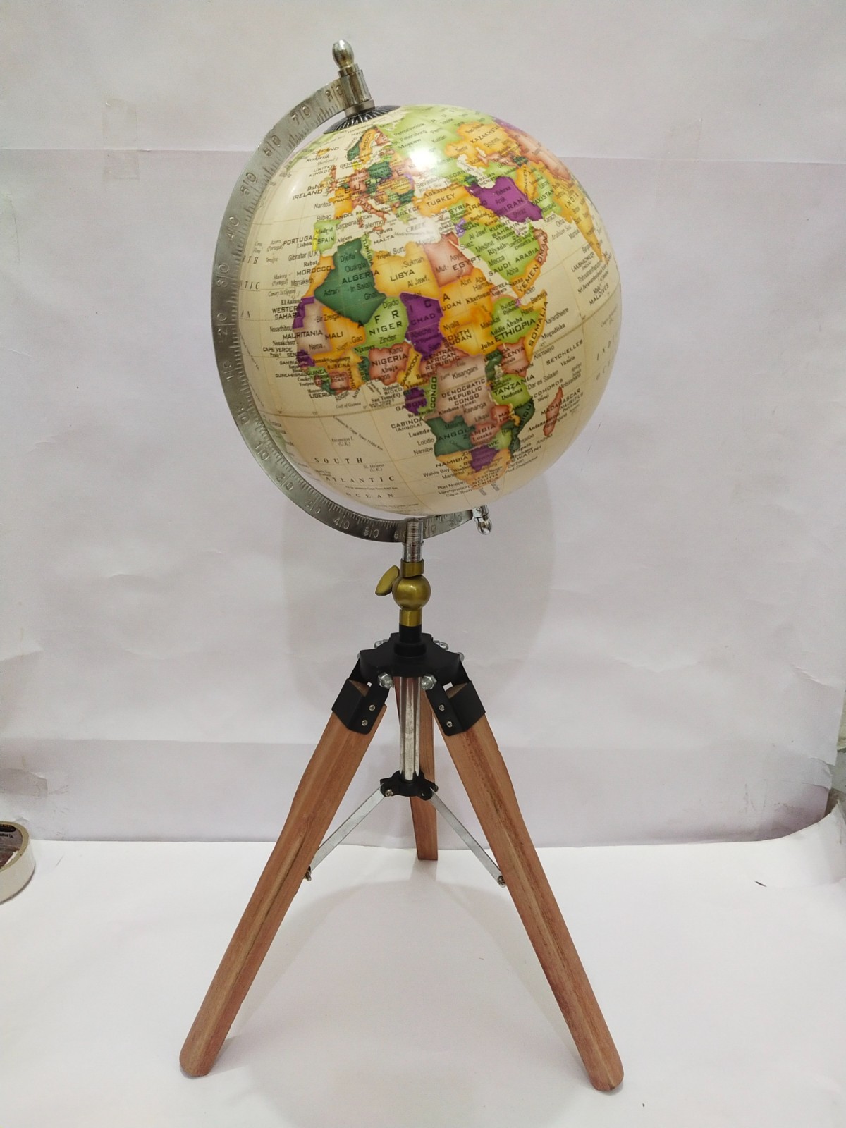 Tripod Globe With Wooden Stand.