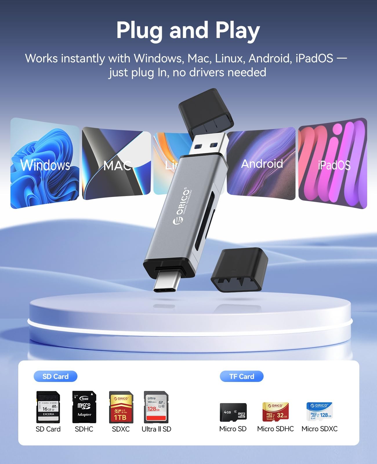 TF SD Card Reader USB 3.0 -, Dual Slot Dual Interface 5Gbps High Speed Memory...