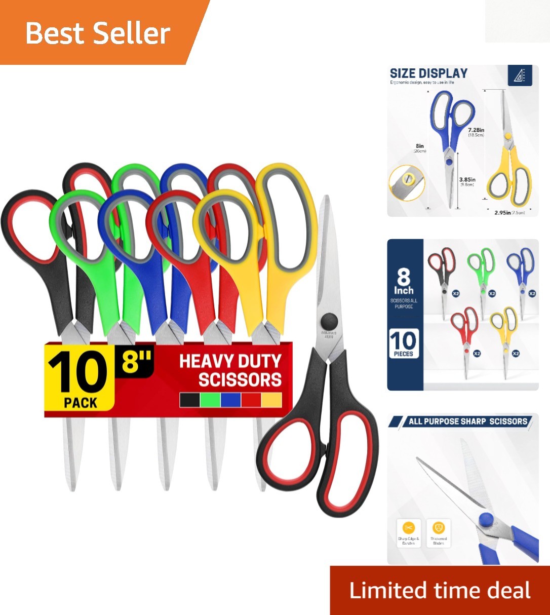 Versatile 10 Pack of 8" Sharp Scissors for School, Craft & Office Tasks