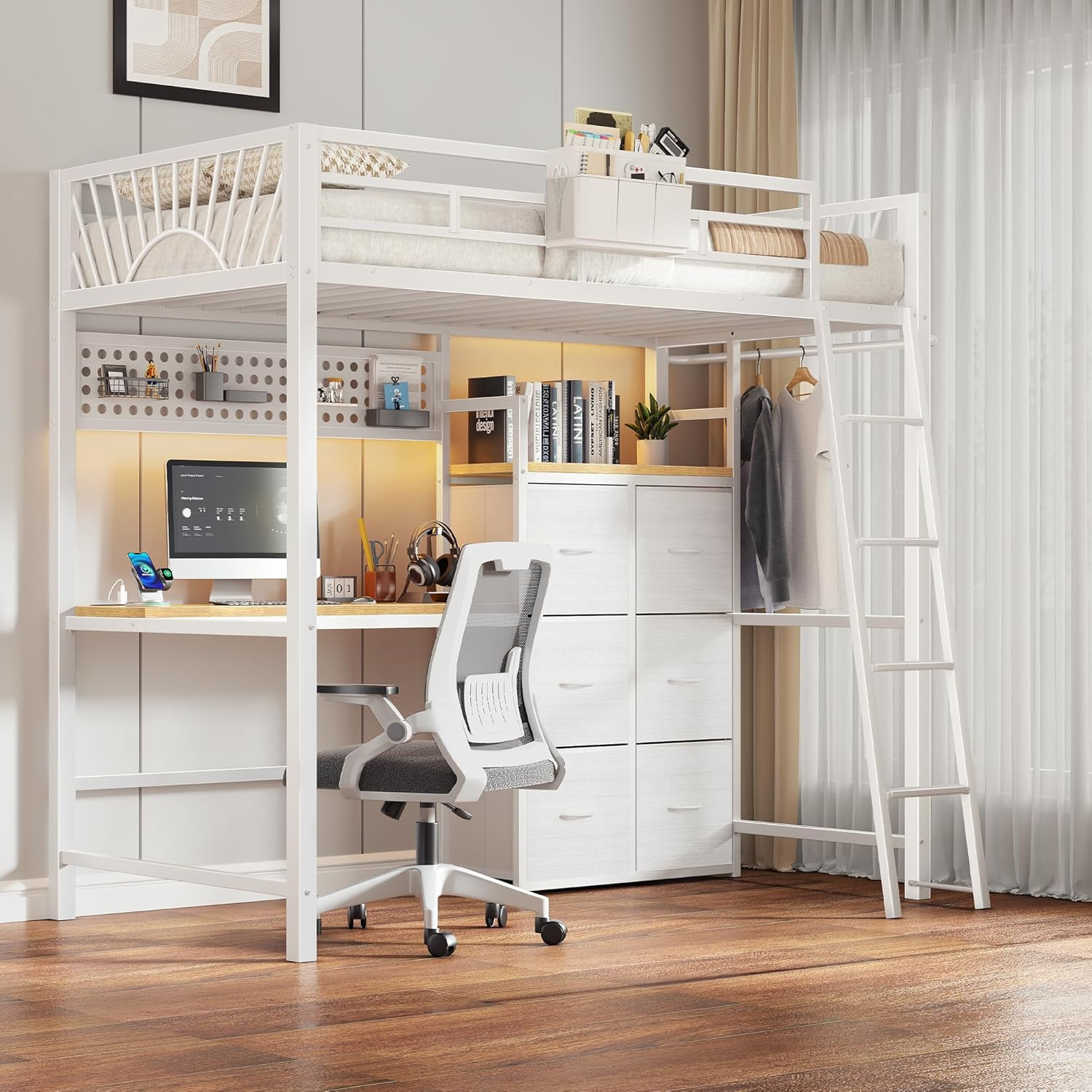 White Twin Loft Bed with Desk and 6 Storage Drawers, Metal Twin Size Loft Beds w