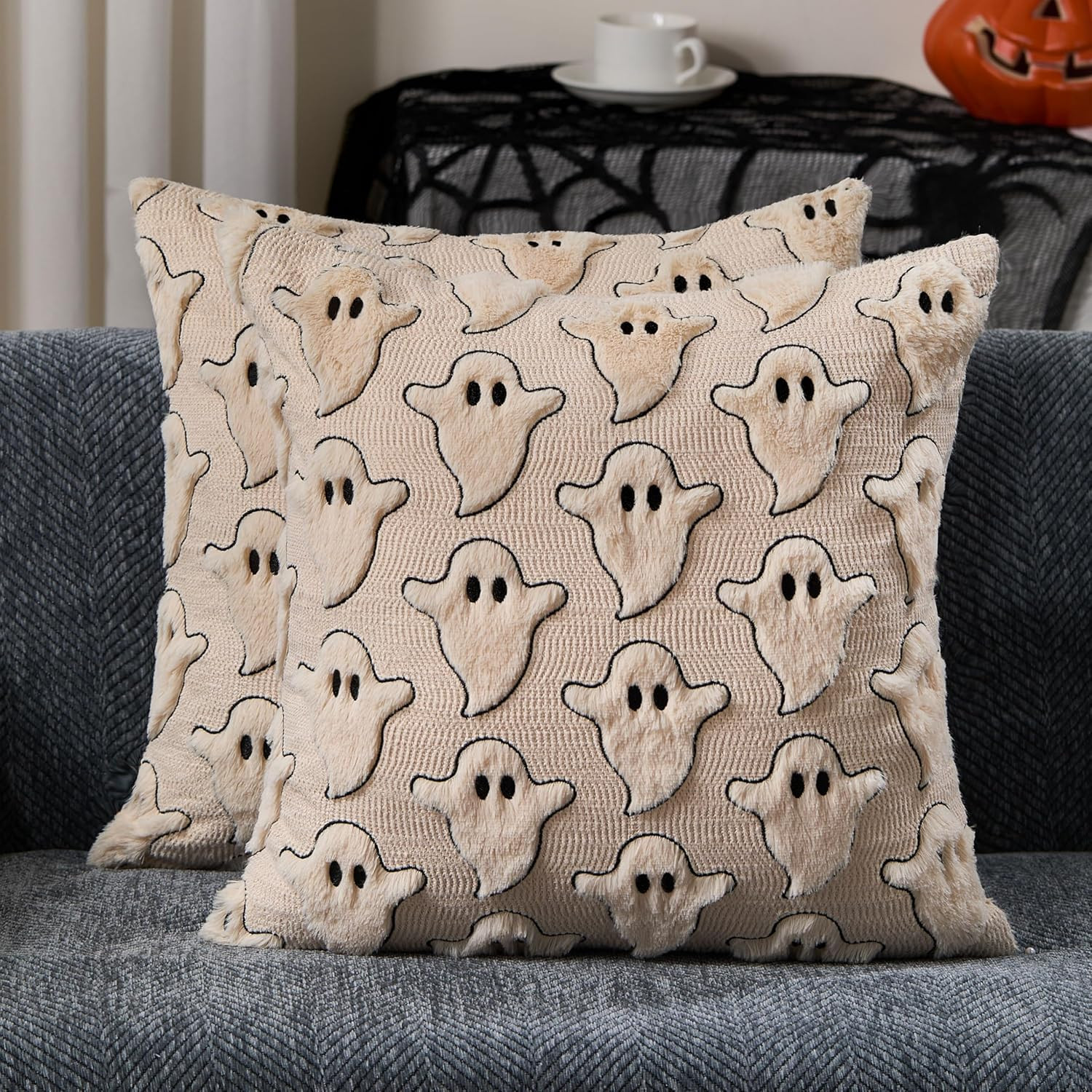 Halloween Pillow Covers 18X18 Inch Set of 2 Black Eyes Beige Ghost Throw Pillow