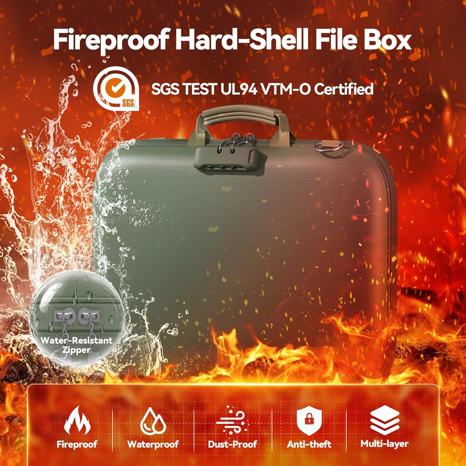 Fireproof Document Box with Lock & Shoulder Strap, Hard-Shell Fireproof