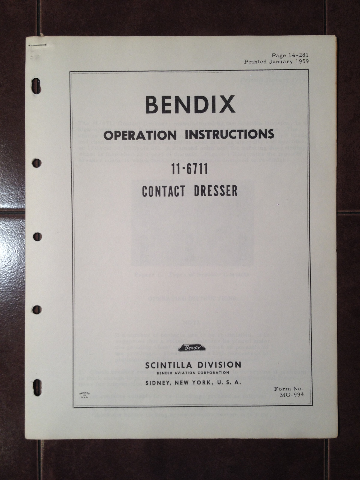 Bendix 11-6711 Contact Dresser Operating Instructions Booklet