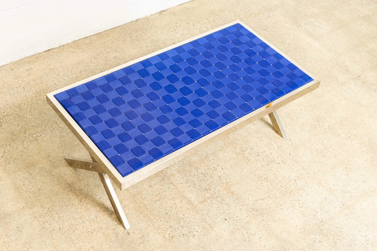 Mid Century Modern Milo Baughman Style Chrome and Blue Strap Bench 1980s