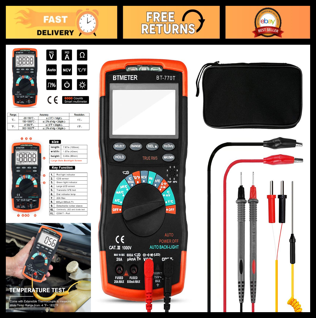 Digital Multimeter 6000 Counts True RMS AC DC Tester Voltmeter Ohmmeter DMM 20A