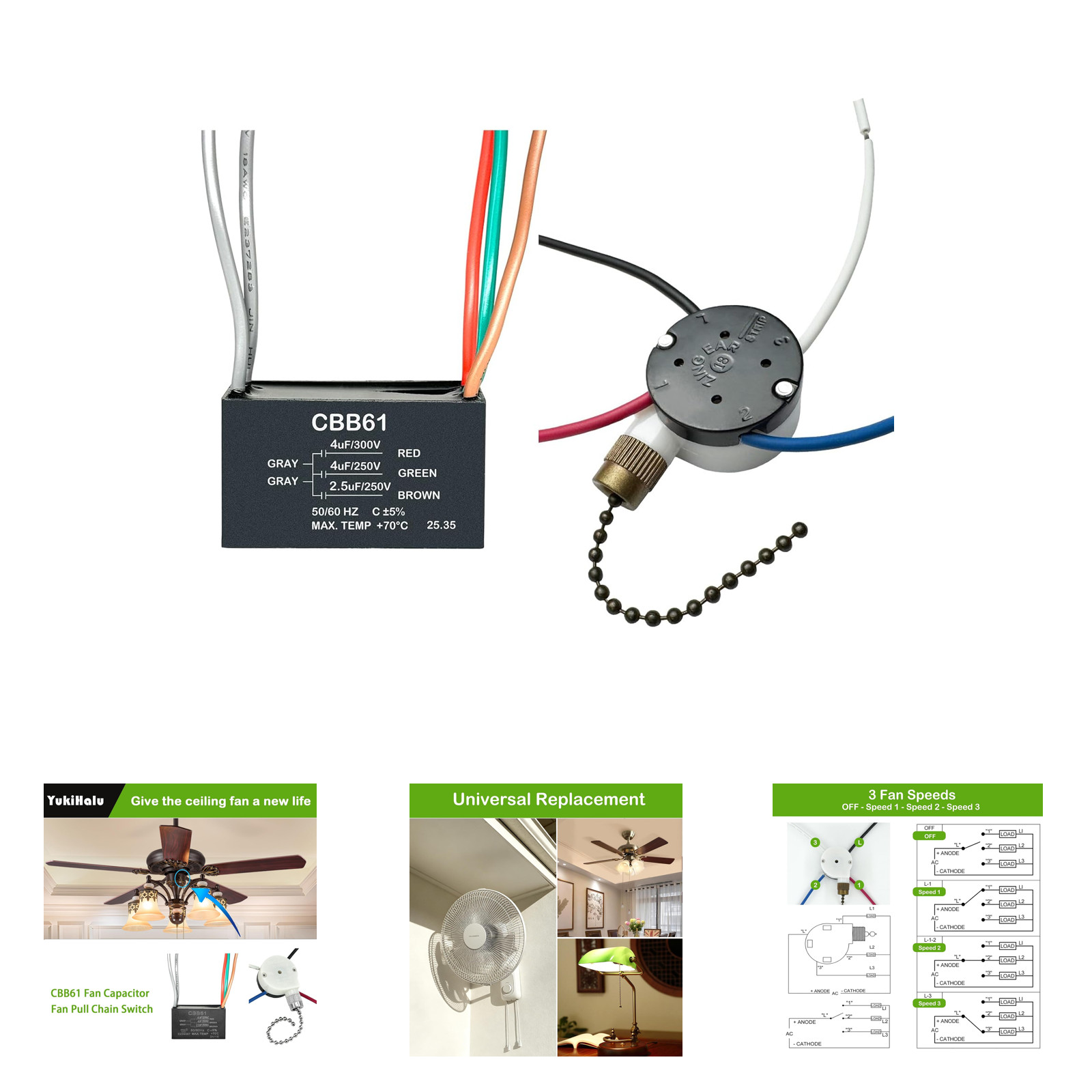 Ceiling Fan Pull Chain Switch 3 Speed 4 Wires Light Capacitor CBB61 4uF + 4uF
