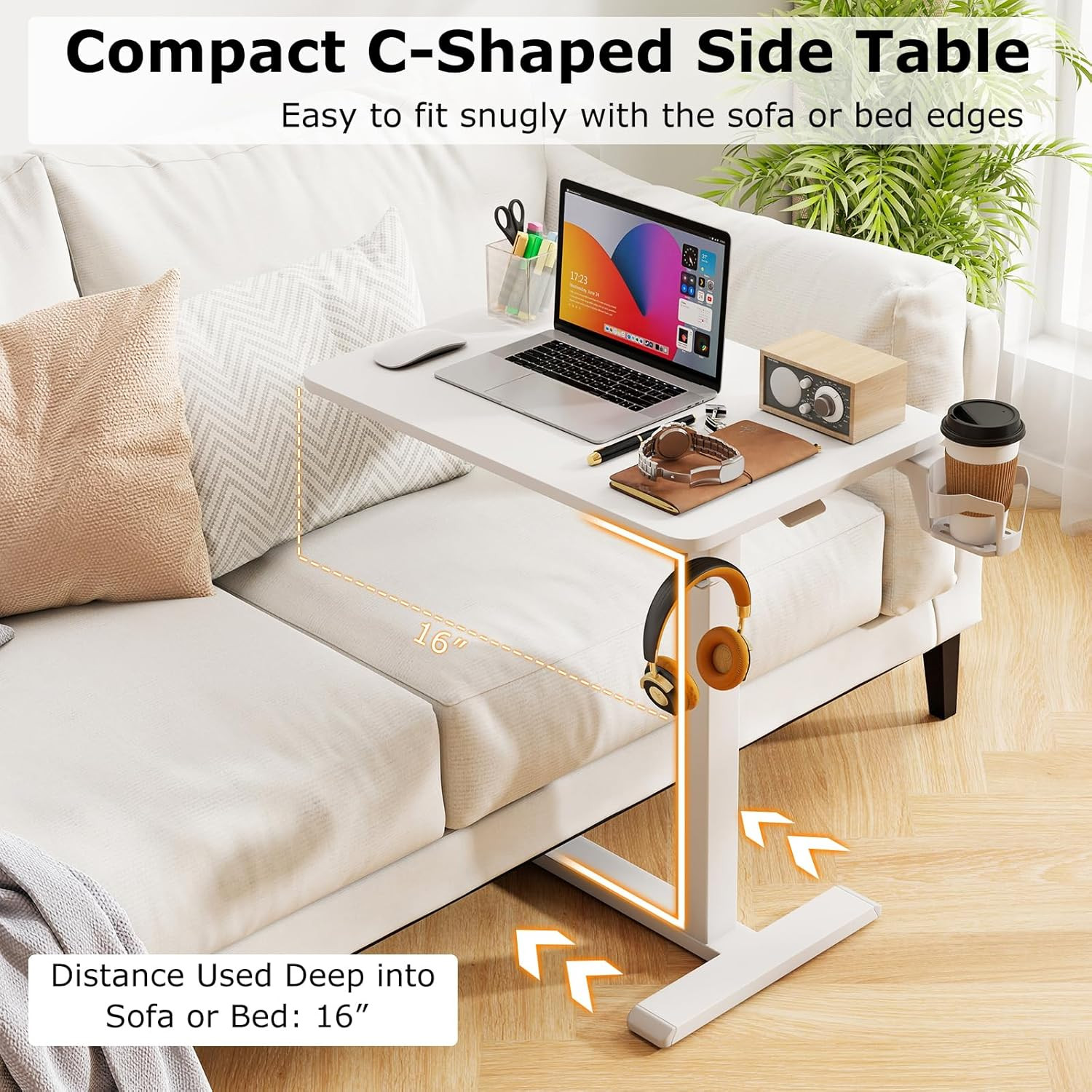 Pneumatic Mobile Standing Desk with Cup Holder & Headphone Hook - White