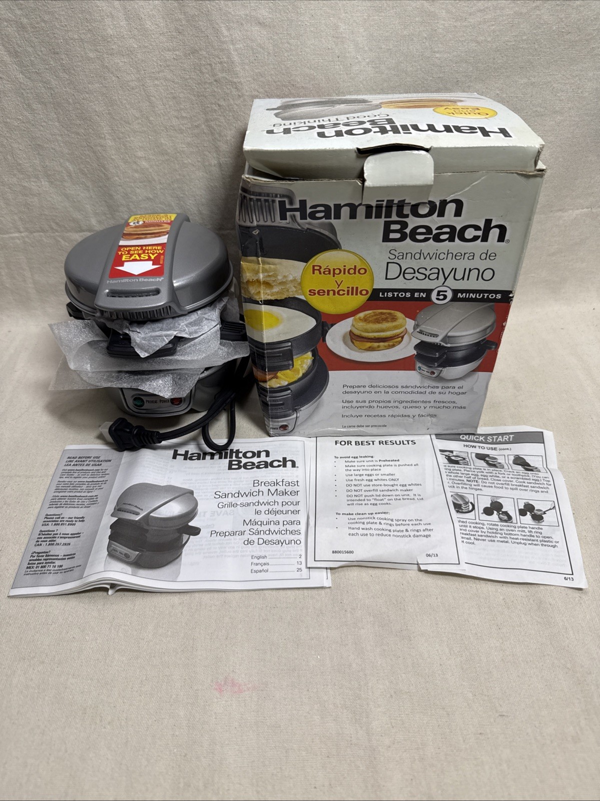 Hamilton Beach 25475 Breakfast Sandwich Maker Silver New Open Box