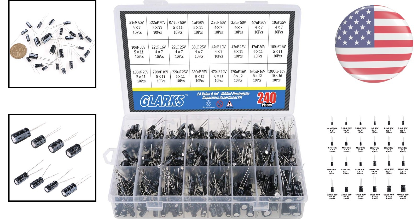 Comprehensive 240Pcs Assorted Capacitor Kit - 0.1uF to 1000uF for Electronics