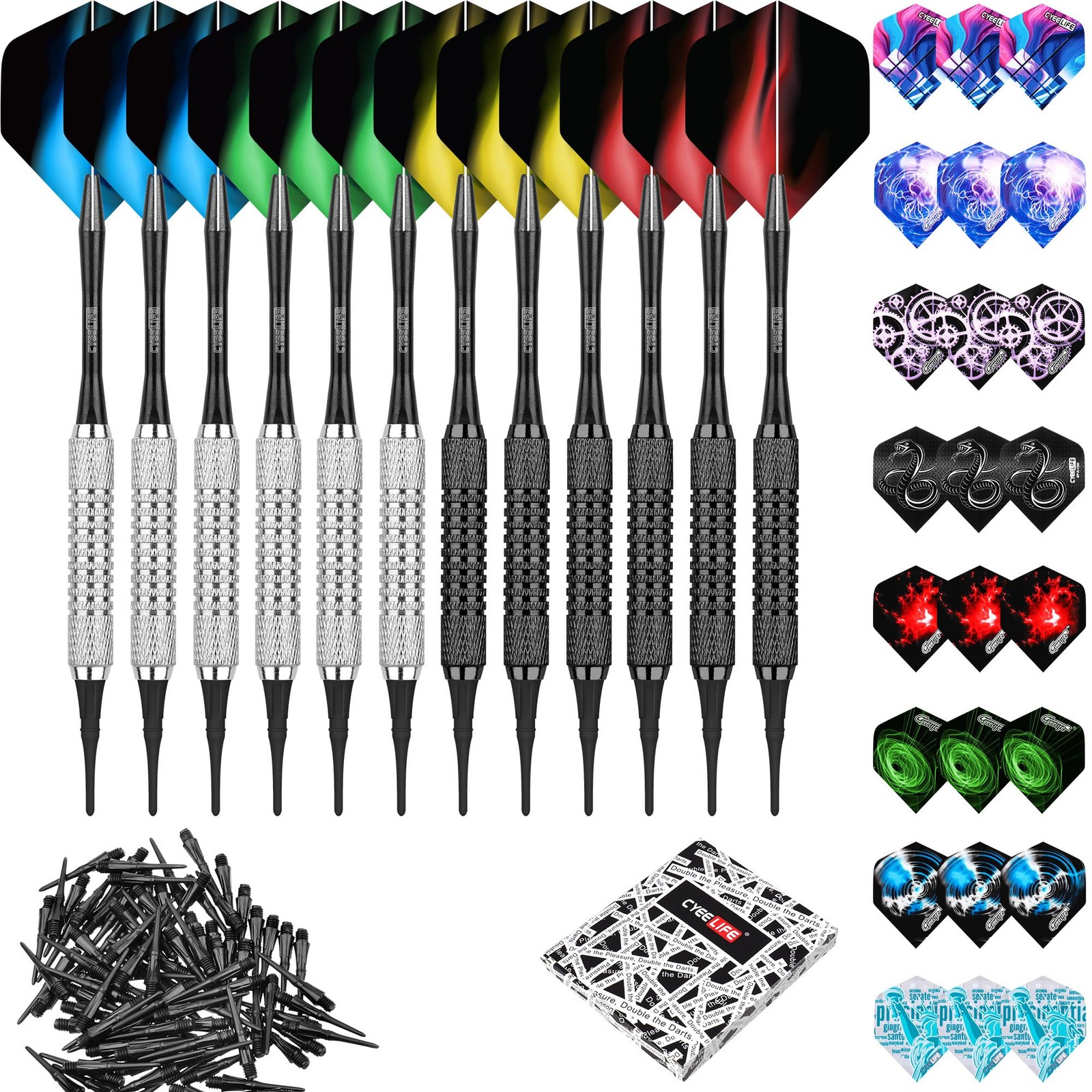 CyeeLife 16g Soft Tip Darts Set, Plastic Points & Extra Flights, Black/Silver