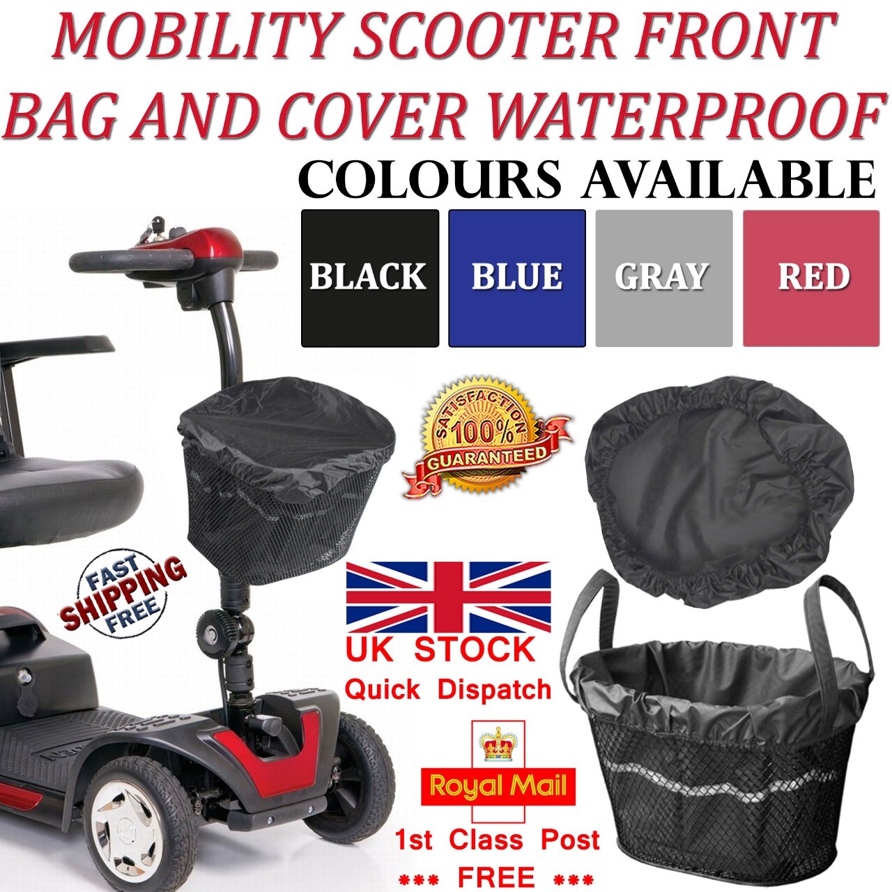 Mobility Scooter Front Basket Bag Liner & Rain Cover Waterproof Black Grey Blue