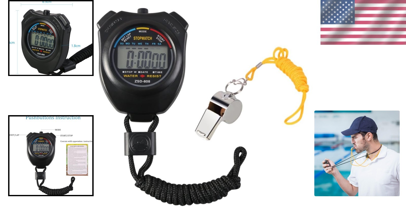 Silent & Portable Digital Stopwatch Timer + Whistle - Perfect for Coaching