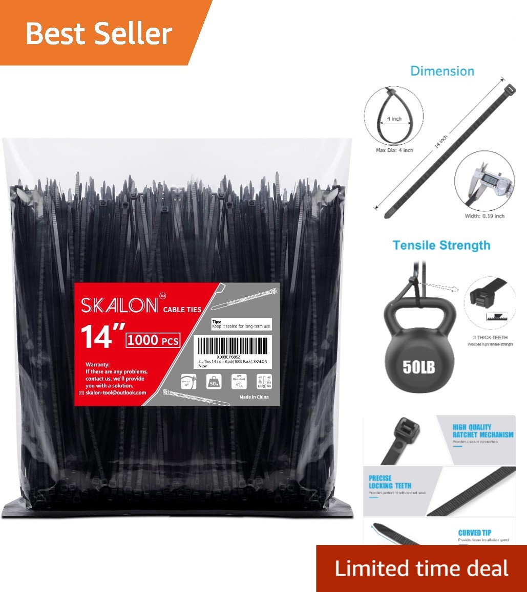 High-Quality 14" Zip Ties - 1000 Pack, UV Resistant, 50lb Tensile Strength