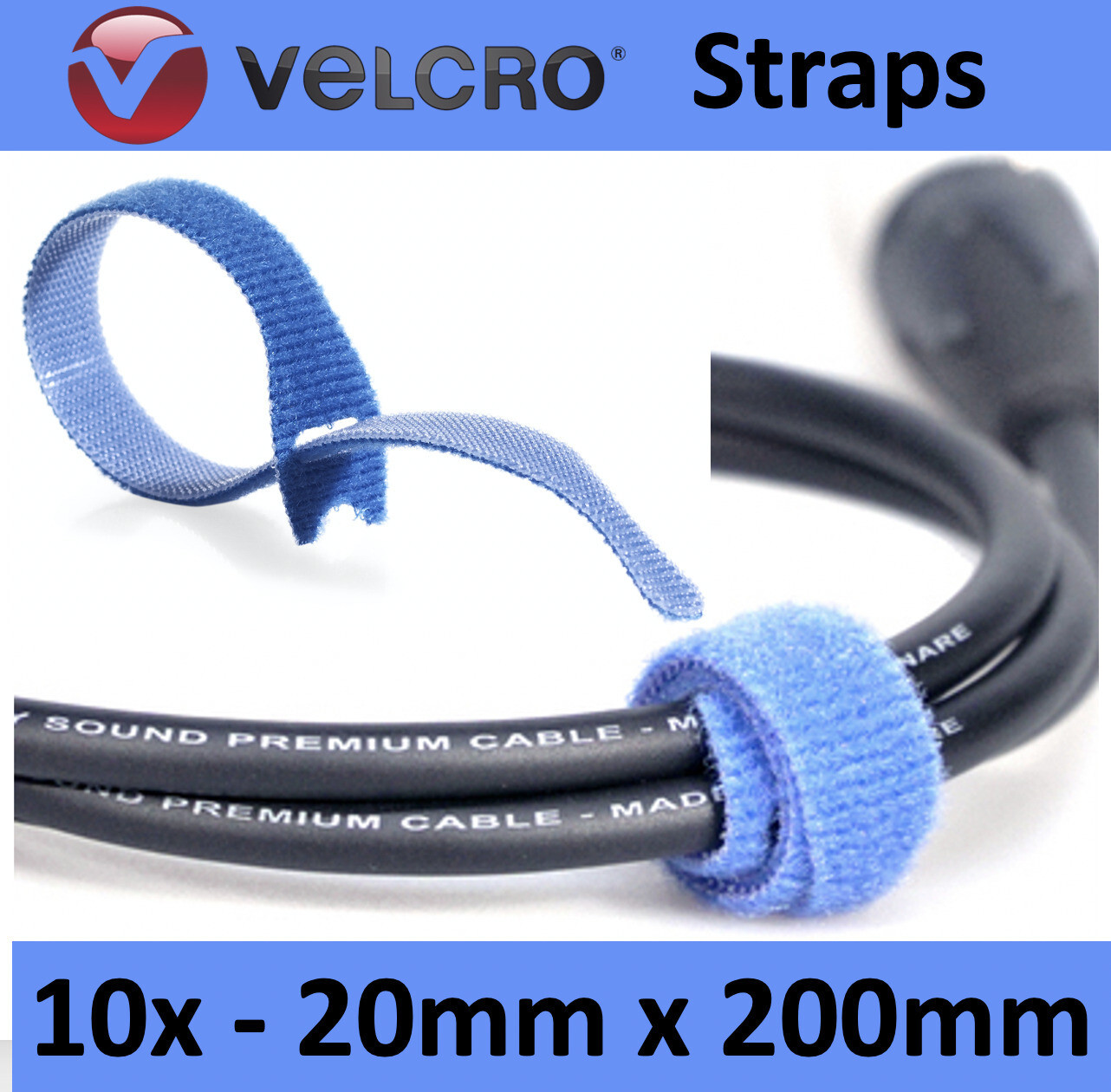 10x BLUE Genuine Velcro ONEWRAP® Cable Ties 20x200mm Cleat Strap Zip Hook Loop