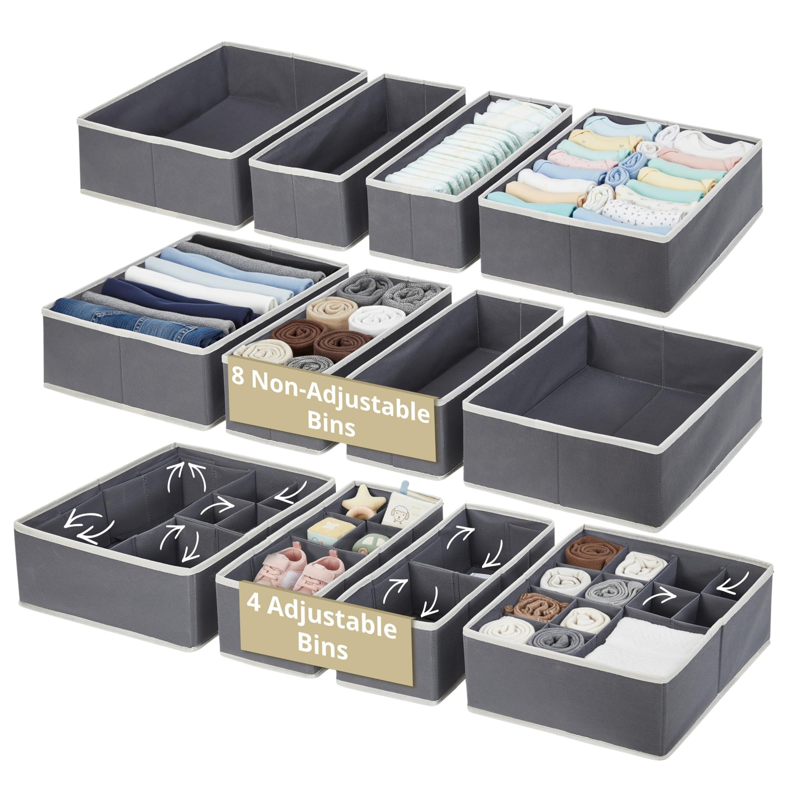 Adjustable Drawer Organizer Clothes, 12 Pack Fabric Storage Bins, Drawer Divi...