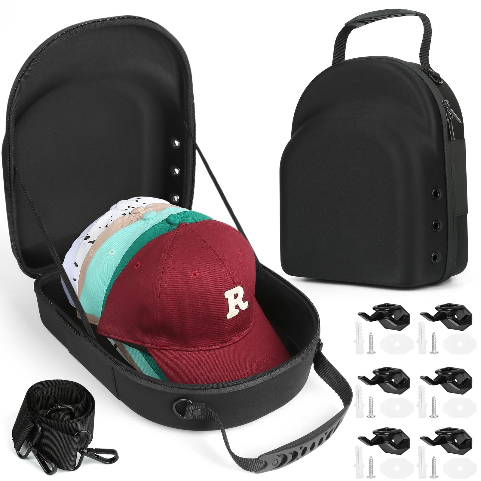 GERMUN Hard Baseball Hat Travel Case w/ 6 Hooks | Storage Carrier Box Holder