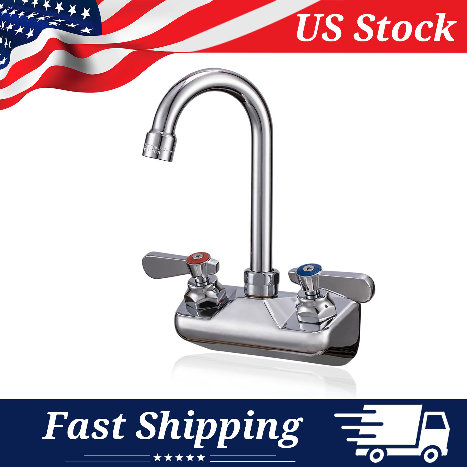 Hand Wash Sink Faucet Commercial Wall Mount 4" Center with Gooseneck Spout