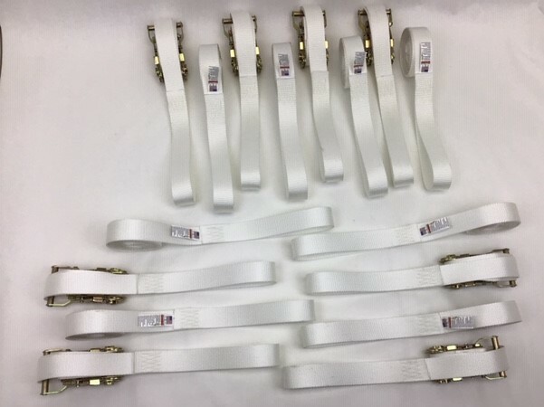 8 Pack of 1" x 15' White Tent Ratchet Straps with Sewn Loops & 1,000 lbs WLL