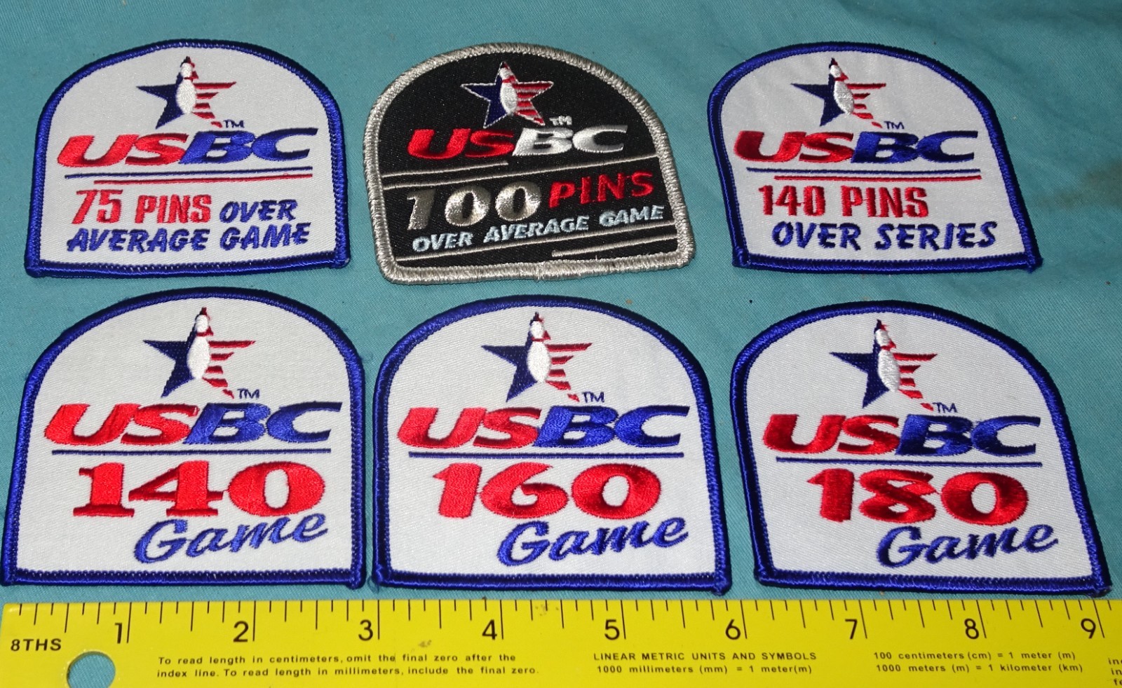 LOT OF 6 USBC bowling patches 75 PINS OVER 100 PINS 140 PINS 160 GAME 180 GAME