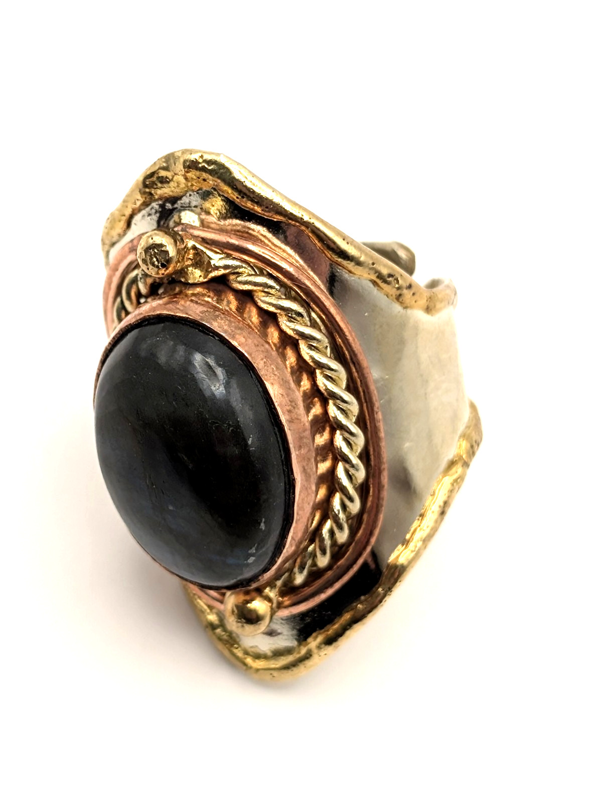 Studio Artisan Mixed Metal Black Onyx Cabochon Ring Brutalist Size 6.5