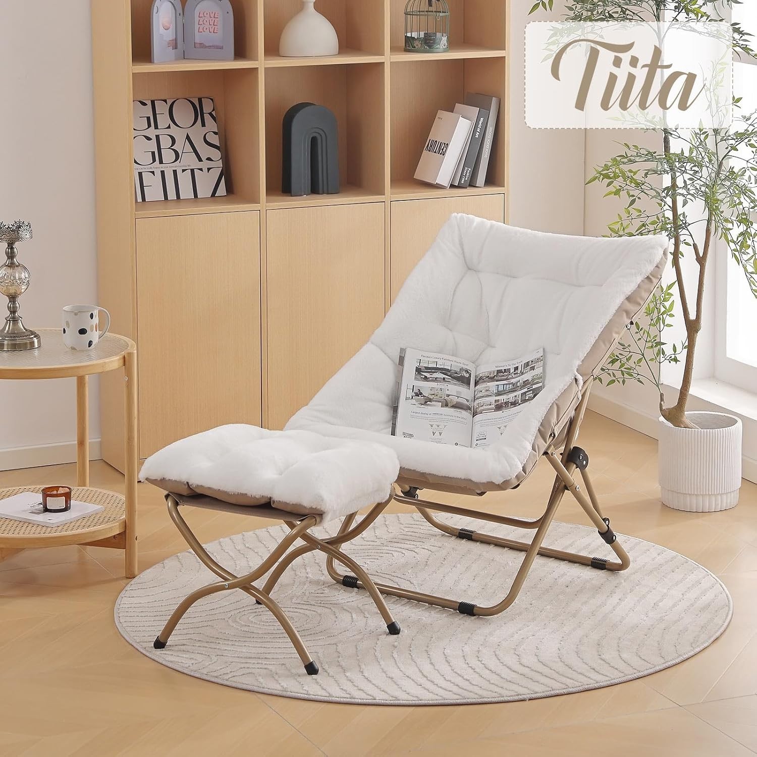 Oversized Faux Fur Moon Chair & Ottoman - Elegant Folding Accent for Living Room