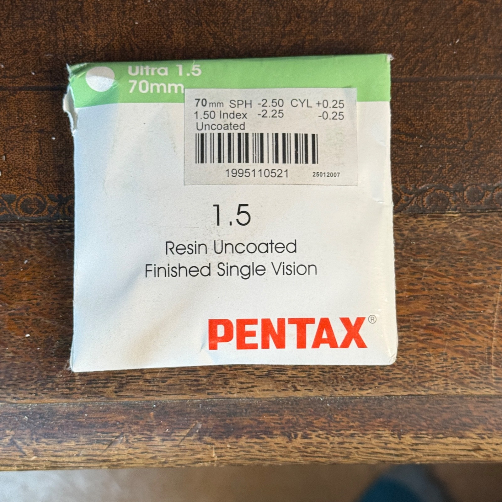Unopened Pentax 1.5 Resin Uncoated Finished Single Vision SPH -2.5 Index -2.25