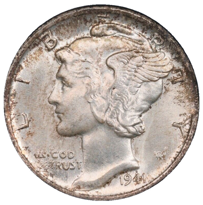 1941 Mercury Silver Dime NGC MS-66 Curved Rim Clip @3:00 Clipped Mint Error