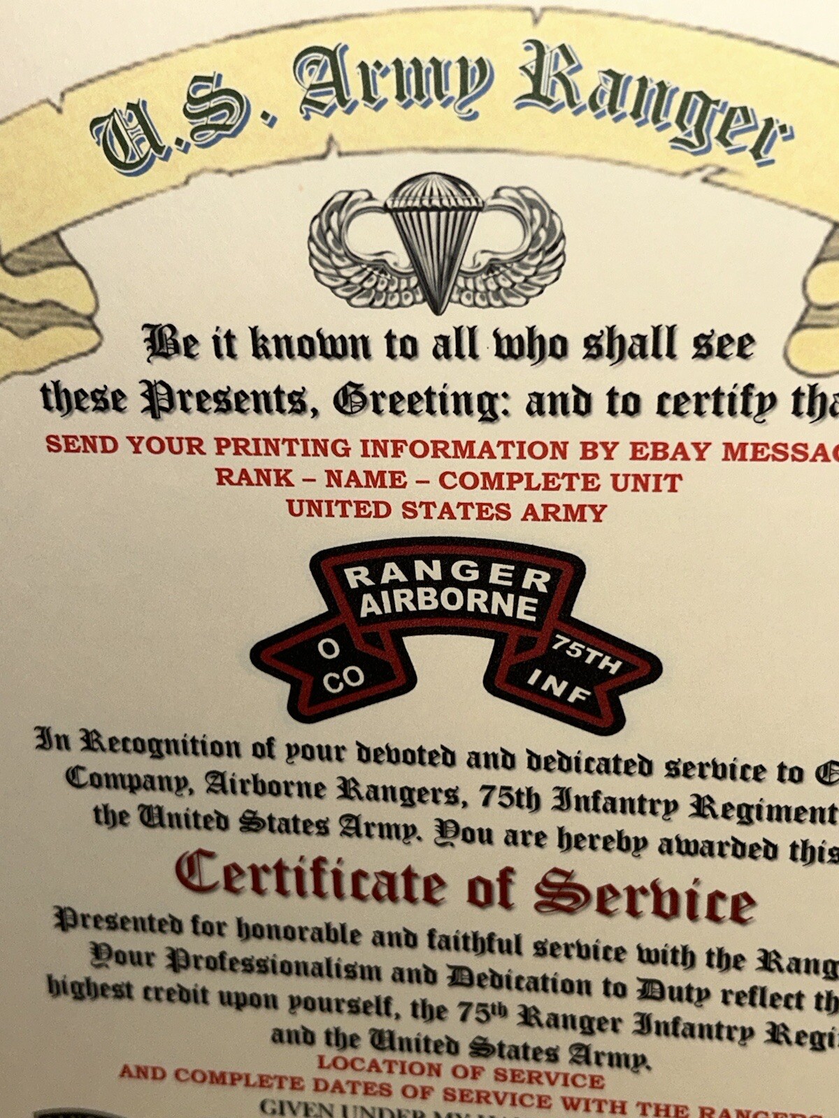 U.S. ARMY - O CO / 75TH RANGER INFANTRY CERTIFICATE OF SERVICE (COMMEMORATIVE)