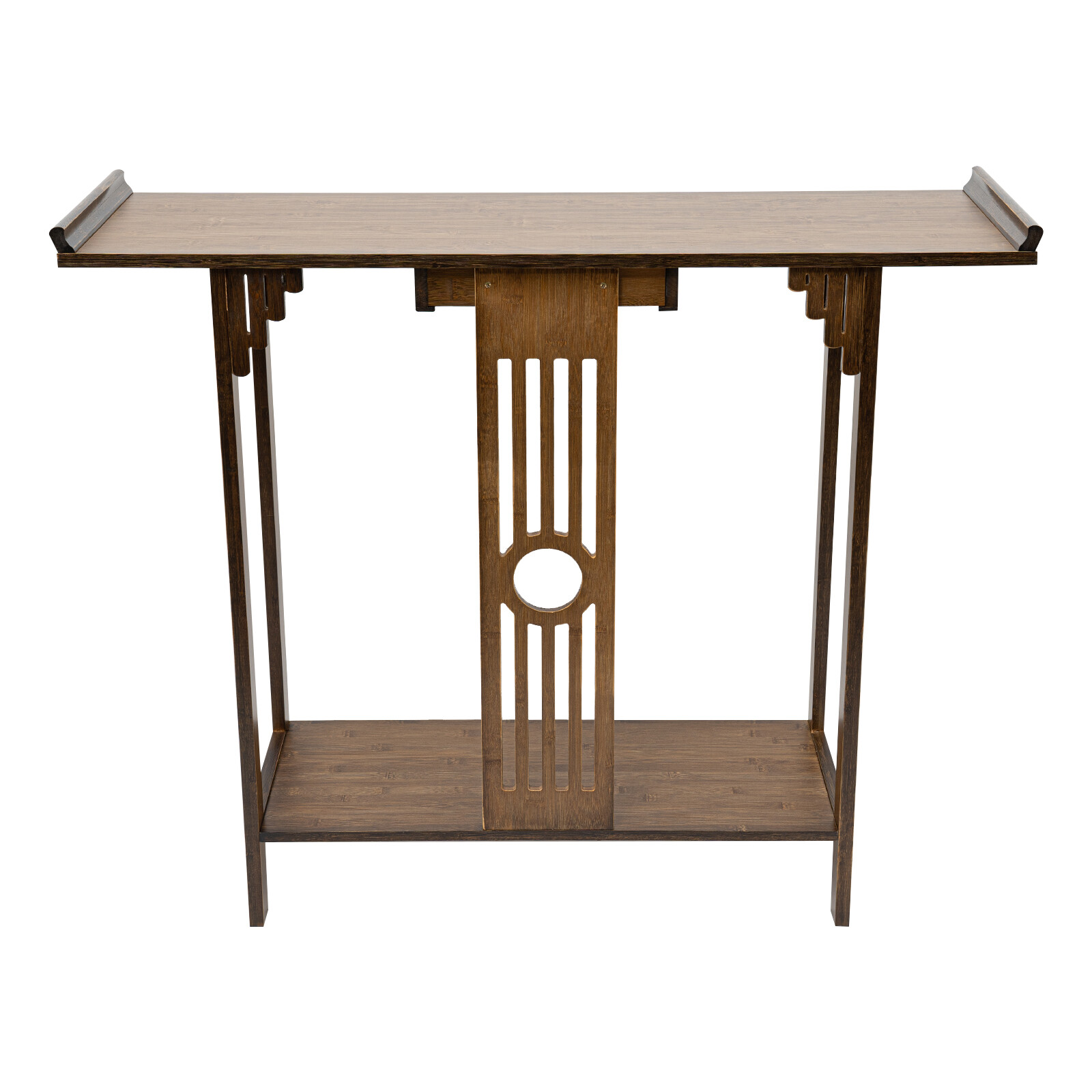 2 Tiers Walnut Sofa Table Bamboo Entryway Table Table With Storage Shelves