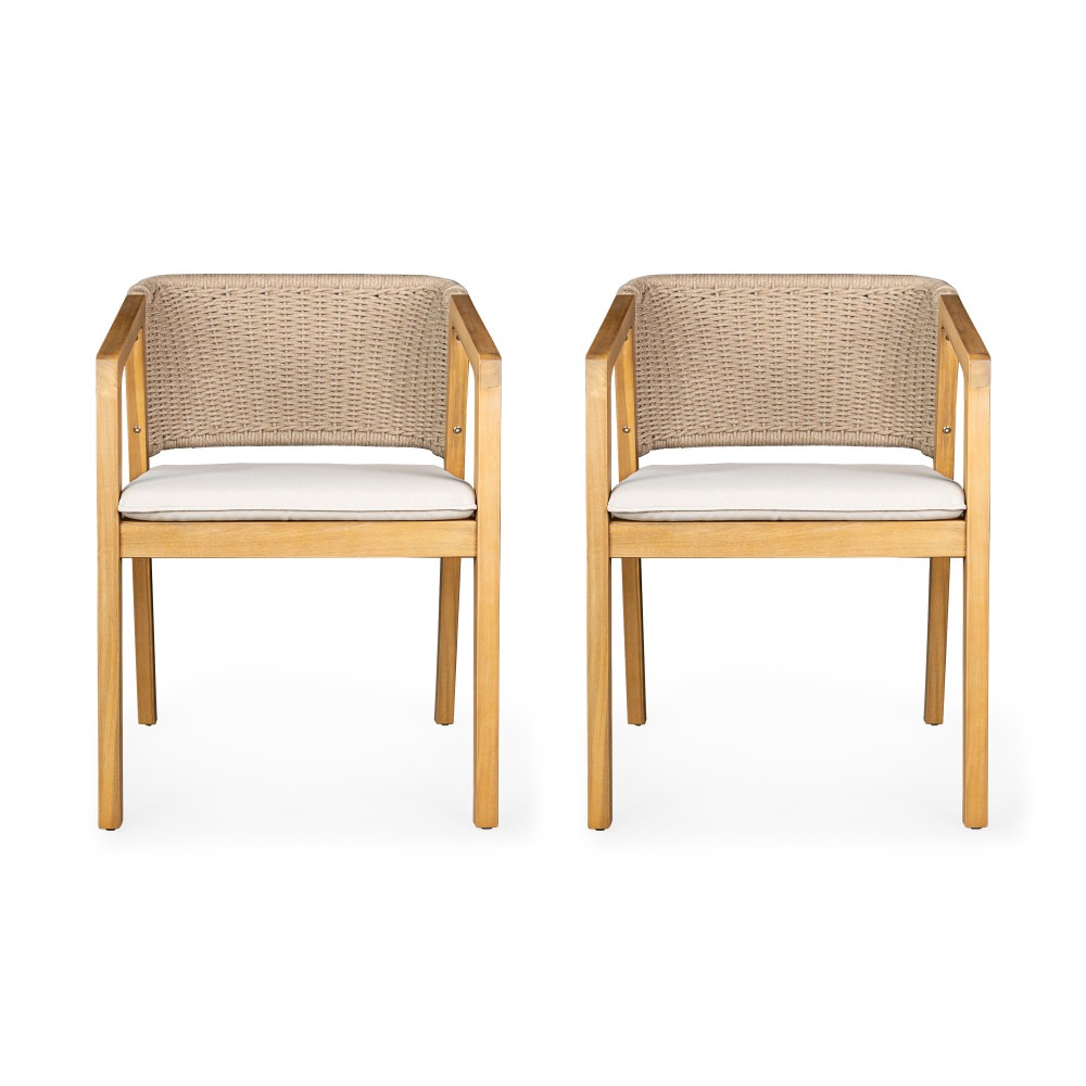 Dining Chair Set of 2 - Light Teak Acacia Wood, Patio Style with Rope Backrest
